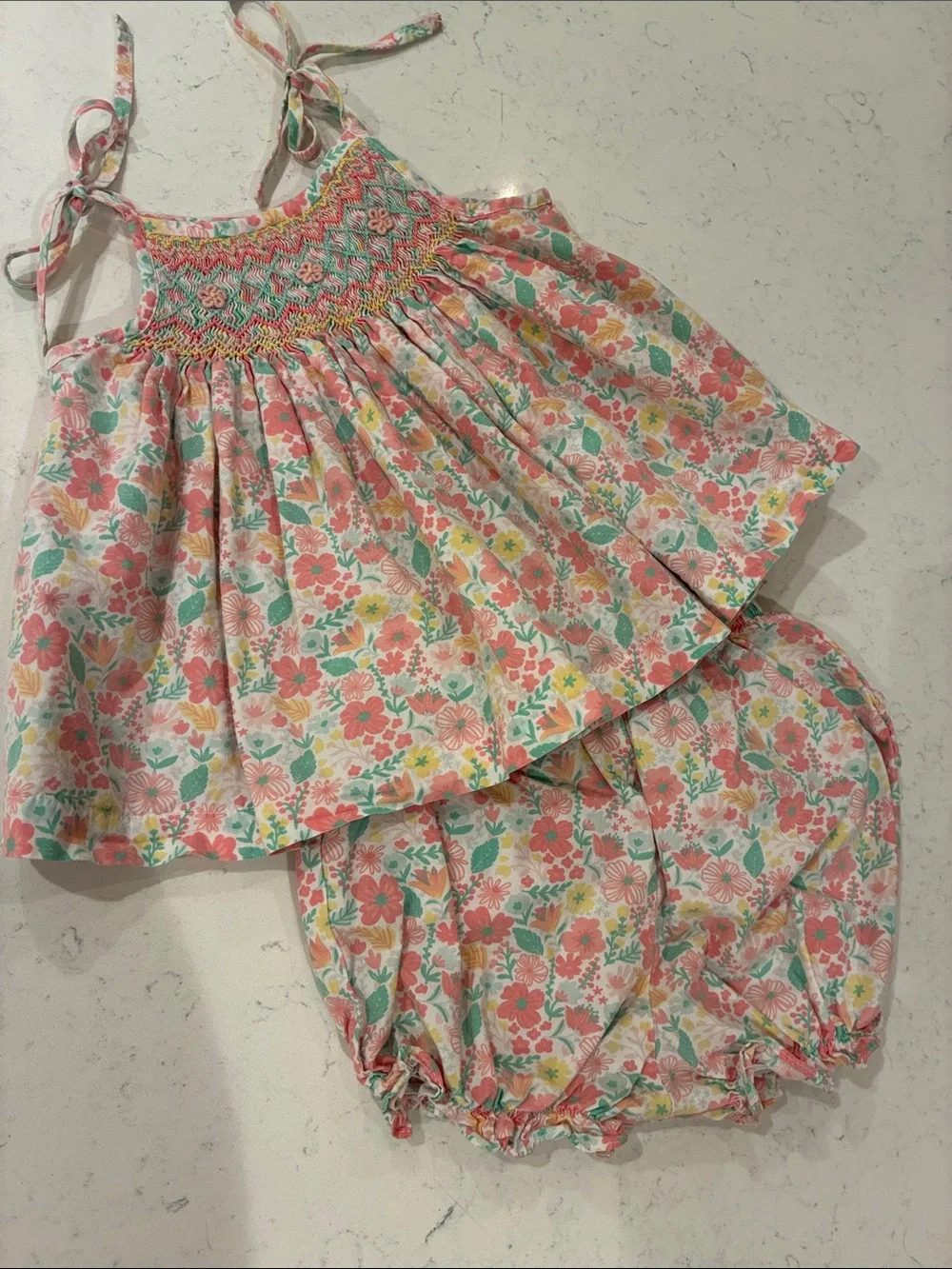 Floral Smocked Tank & Bloomers Matching Set - Pink & Mint